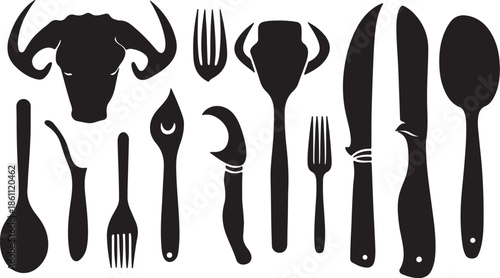 A set of silver steel cutlery including a fork, spoon, and knife isolated on a white background for kitchen, restaurant, and dinner dining tools