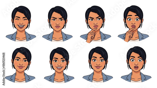 A series of facial expressions displayed by a young woman with varying emotions
