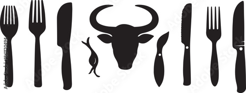 A black and white vector illustration features a fork and knife combined with a wild bull skull silhouette and cattle horns as a farm animal symbol isolated on white