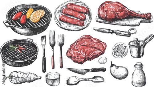 Isolated collection of fresh raw beef steak, chicken, and sausage gourmet meal set with healthy vegetables and red meat slices on a white background