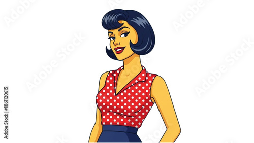 A vintage-styled woman with a bright red sleeveless top stands confidently against a white background.