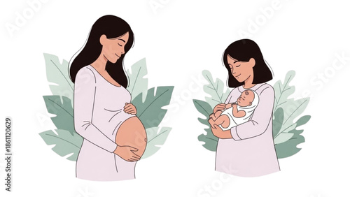 A serene mother cradling her newborn baby after a peaceful pregnancy, surrounded by lush greenery