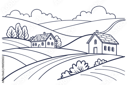 house on the hill Rural landscape continuous one line vector drawing rural house vector
