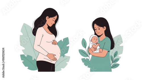 Expectant mother standing beside new mother holding her infant surrounded by foliage