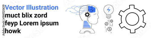 Human profile with brain, gear, and electric light bulb symbolizing AI, problem-solving, and creativity. Ideal for technology, innovation, automation, neuroscience brainstorming learning simple