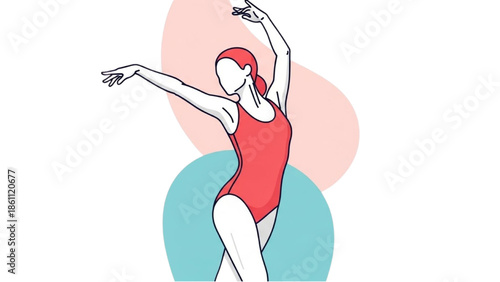 A female swimmer in a red swimsuit is captured in a dynamic pose with arms outstretched
