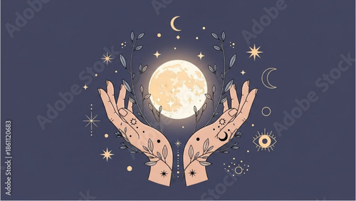 Hands holding a glowing moon surrounded by celestial elements in a mystical illustration