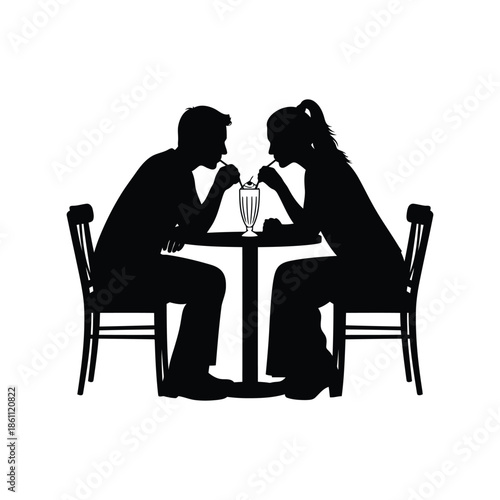 Romantic Silhouette of Couple Sharing a Milkshake at Table