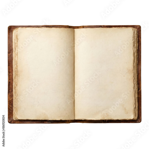 Open vintage leather bound book with blank parchment pages