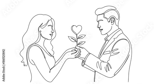 Couple Shares Growing Plant Symbolizing Love and Partnership for Romance, Dating, and Relationship Marketing