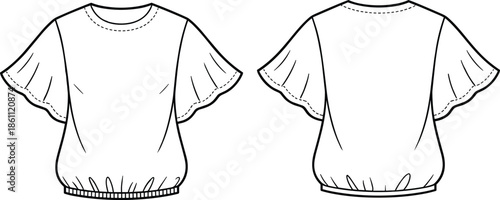 Women Fashion Flat Sketch of Short Flutter Sleeve Blouse with Elastic Hem Technical Drawing Template Front and Back View Vector