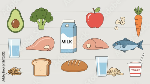 Collection of Healthy Food Items and Drinks for Balanced Diet.