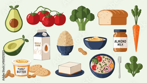 Collection of healthy food items and ingredients for a balanced diet.