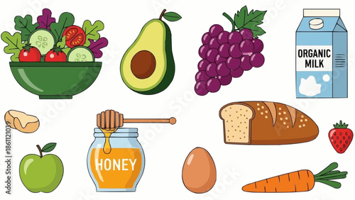 Collection of Healthy Food Items and Organic Milk Carton.