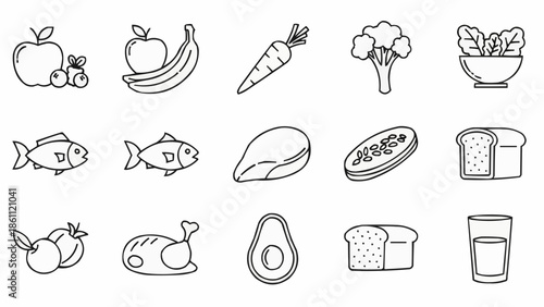 Collection of healthy food items in a simple line drawing style.