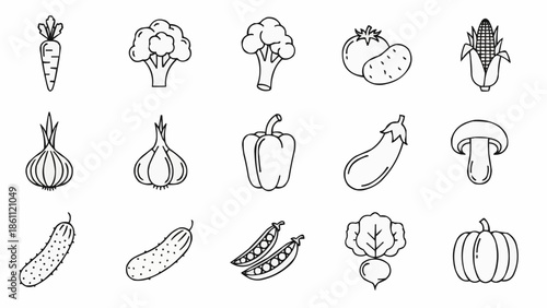 Collection of Hand Drawn Vegetable Icons in Black and White.