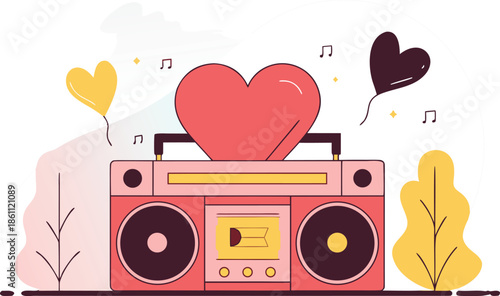 Vector illustration of a retro music background featuring a vintage microphone with speaker icons, cassette tapes, and stereo audio equipment for a digital party media design set