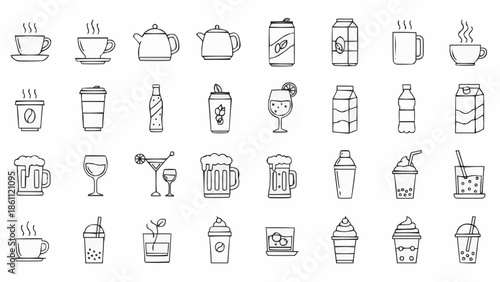 Collection of hand-drawn beverage icons and symbols.