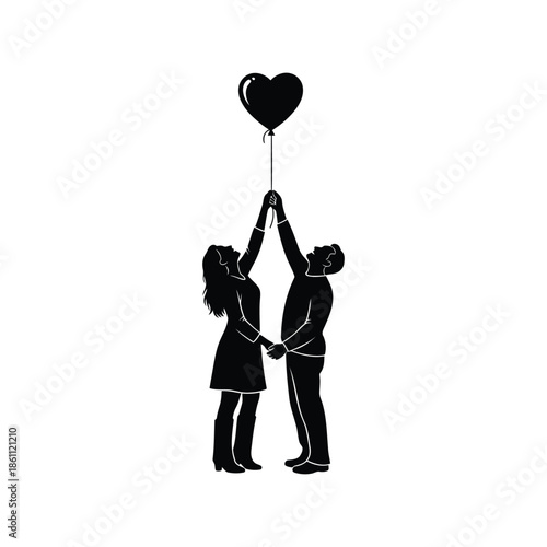 Romantic Couple Holding Heart Balloon Vector Illustration