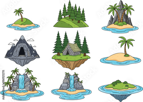 Fantasy island landscape vector set with waterfalls, palm trees, forests, mountains, caves and floating tropical adventure scenery