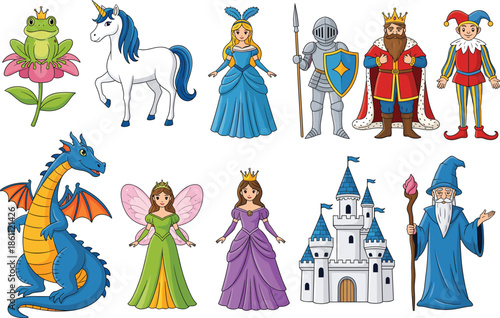 Fantasy fairy tale characters vector set with princess, wizard, knight, dragon, unicorn, castle and magical story elements