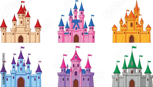 Colorful fairy tale castle vector set with fantasy palace illustrations for kids storybooks, princess themes and magical adventures