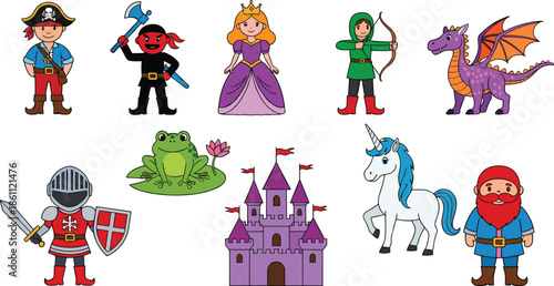Fairy tale character vector set with princess, pirate, knight, archer, dragon, unicorn, castle and magical fantasy creatures