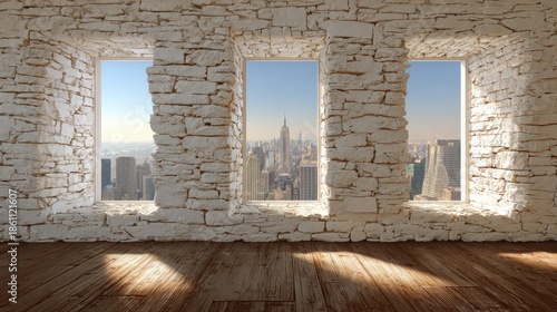 Three windows reveal a cityscape view from a rustic room.