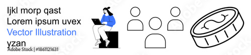 Remote work, teamwork, digital payments, technology, modern business, online communication. Woman using a laptop, group of people icons coin graphic. Remote work and teamwork theme
