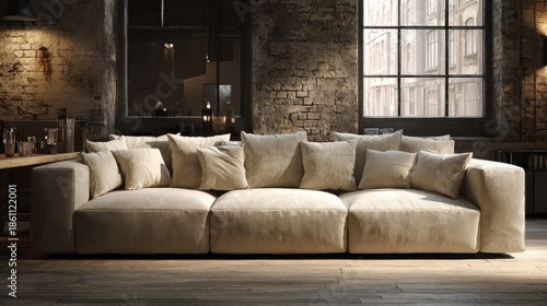 Large modular sofa with plush cushions in a rustic loft apartment setting.