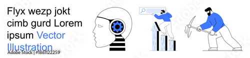 Technology, innovation, data analysis, artificial intelligence, digital transformation, productivity. Abstract head with gear, person climbing a chart worker using a pickaxe. Technology