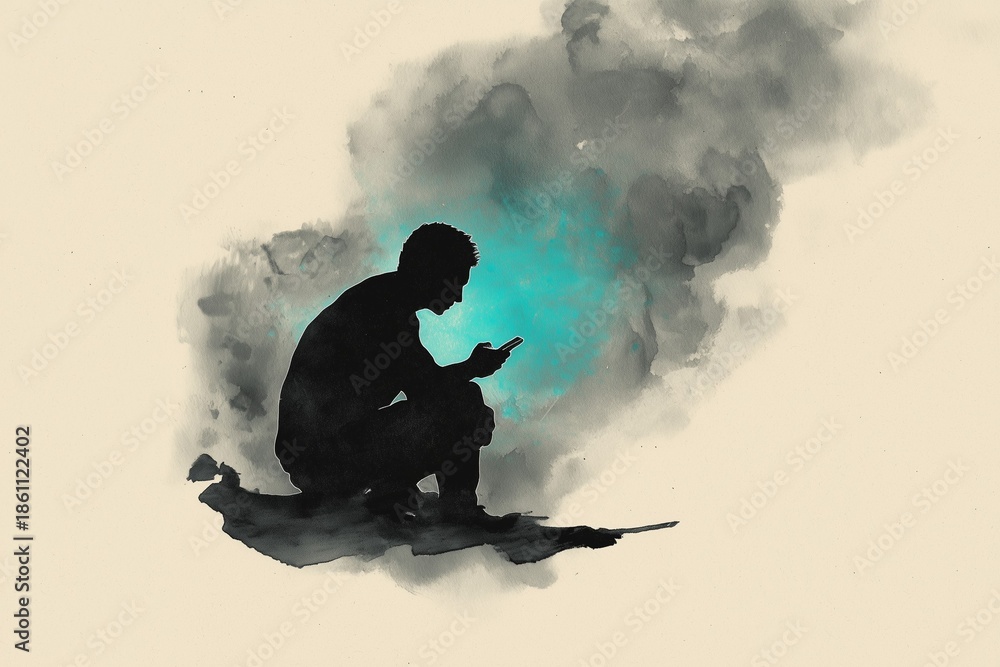 Obraz premium Conceptual watercolor silhouette crouching over a smartphone with abstract dark cloud textures, representing anxiety, information overload, and compulsive scrolling.