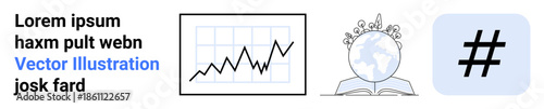 Graph with rising trend, globe sprouting plants on open book, and metadata tag symbol combine analytics, global education, social media trends. Ideal for business, analytics, education