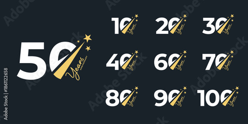 Set of a 10 to 100th Anniversary logotype design with Star vector illustration. Symbol icon for celebration moment, wedding, greeting card, and invitation.