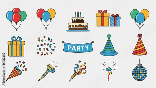 Collection of party celebration elements and decorations.