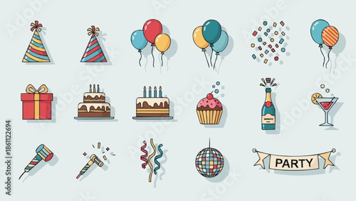 Collection of party celebration icons and symbols.