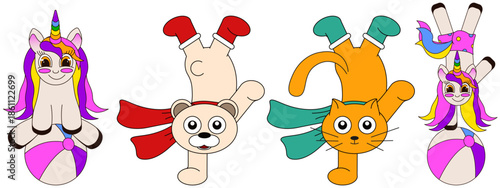 Funny vector animals set. Vector illustration Unicorn cat and polar bear collection isolated white background. Perfect kids art animal set. Editable stroke EPS 10