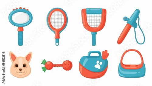 Collection of pet grooming and play items.