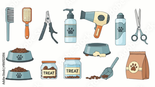 Collection of pet grooming and feeding supplies.