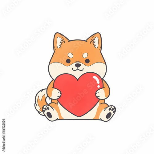 Cute Shiba Inu Dog Holding Red Heart - Kawaii Cartoon Puppy Illustration