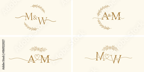 Elegant Wedding Monogram Logo Set with Floral Wreath and Heart Initials