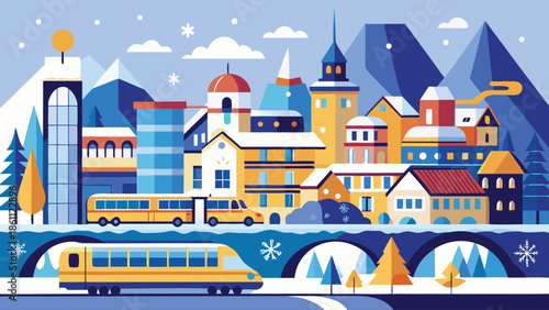 A vibrant city filled with skyscrapers and cars driving along the roads..eps