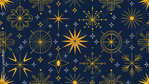 Dynamic gold starburst pattern over a navy blue backdrop, showcasing an elegant and modern aesthetic..eps