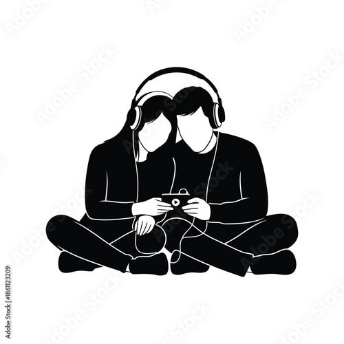 Couple Enjoying Music Together with Headphones