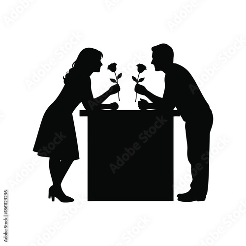 Romantic Silhouette of Couple Sharing Flowers at Table