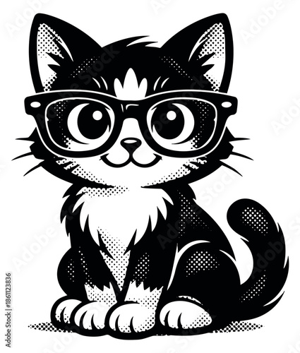 Hand drawn line art illustration of a cute cat depicting it wearing glasses for pet themed projects