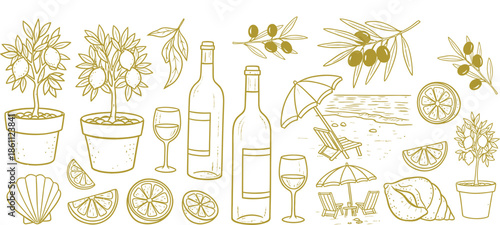 Set of golden line art illustrations wine, citrus fruits, olive branches, beach scene, and potted lemon trees