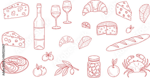 Collection of french food and drink icons cheese, wine, croissant, baguette, olives, and seafood sketch