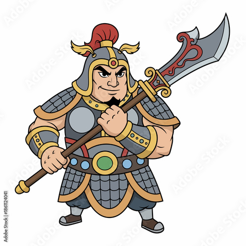A cartoon knight in armor holding a large axe standing in a heroic pose