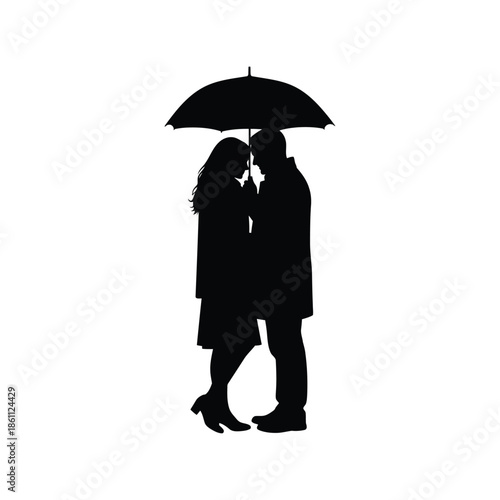 Romantic Silhouette Couple Under Umbrella in Rain